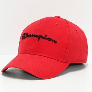 Red champion hat with leather fitted pull on back